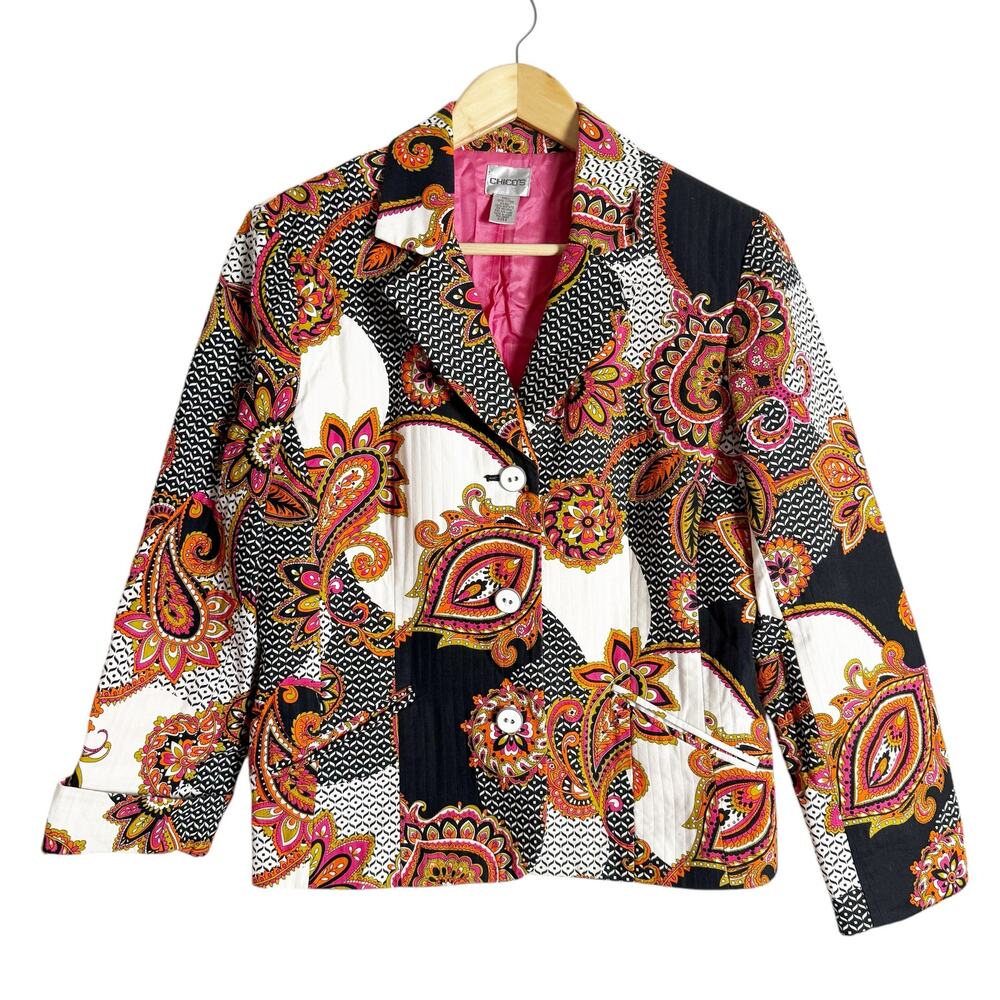 Chico’s Black White Orange Paisley Print Button Front Blazer Jacket Size 12